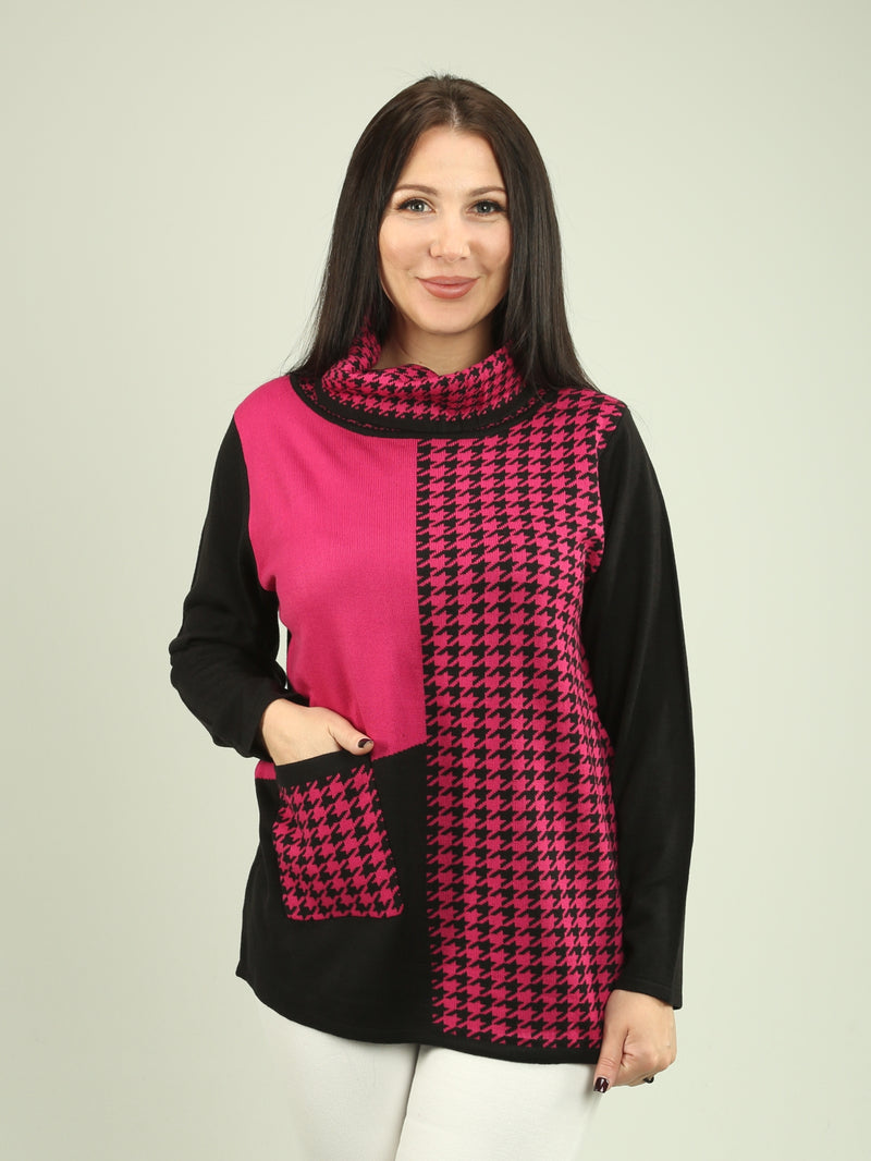 Houndstooth Cowl Neck Sweater