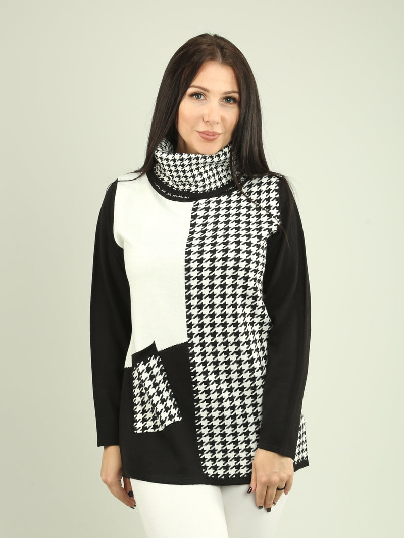 Houndstooth Cowl Neck Sweater