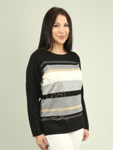 Stripe and Rhinestone Floral Knit Sweater