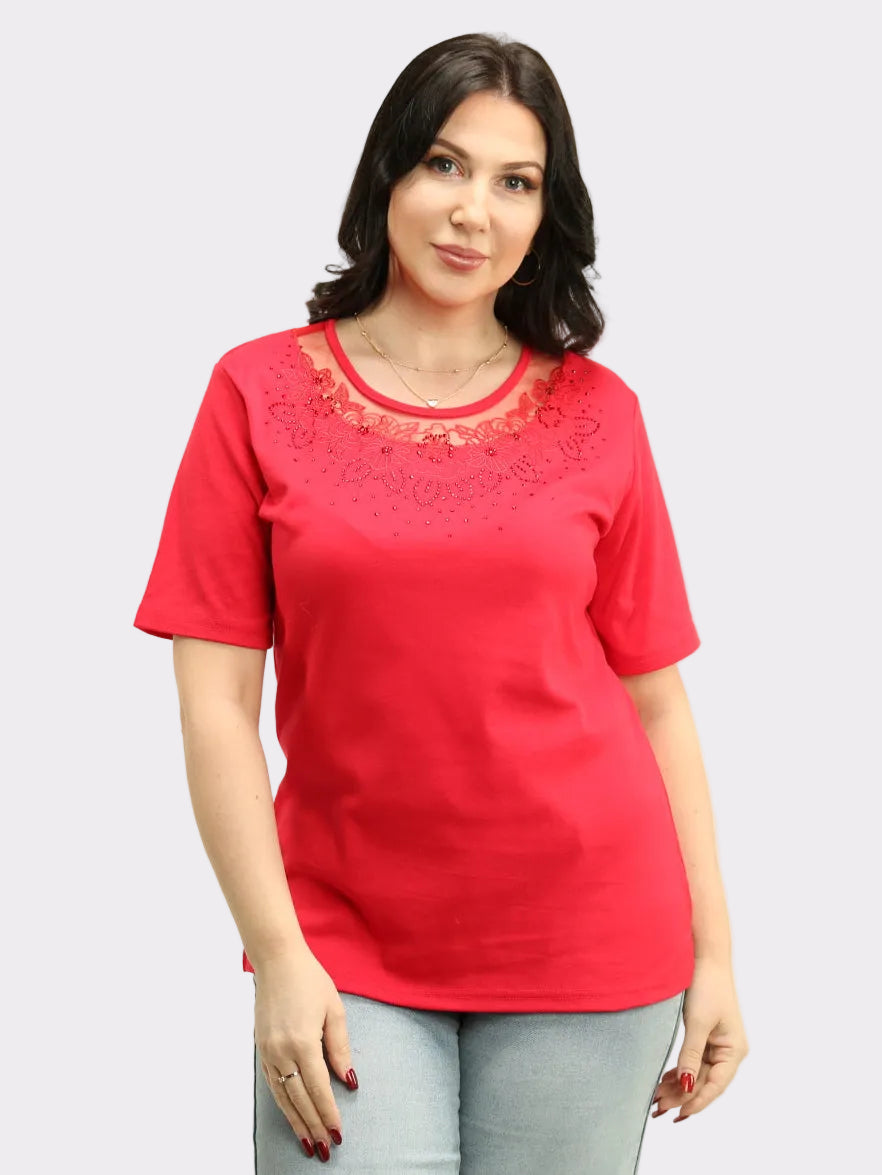 Lace & Floral Embroidered Rhinestone Top