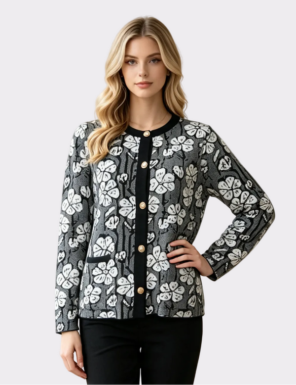 Floral Pattern Button-Up Knit Cardigan