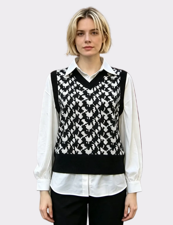 Contrast Patterned Fooler Vest with Shirt