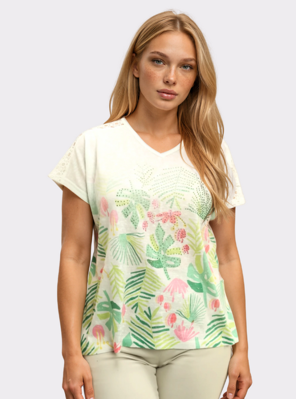 V-Neck Crochet Printed Top
