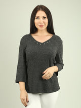 Button Detail V-Neck Ribbed Knit Top