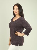 Button Detail V-Neck Ribbed Knit Top