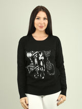 Rhinestone Embellished Cat Pattern Knit Sweater