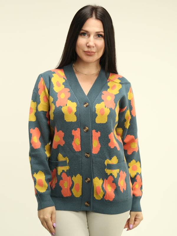 V-Neck Floral Knit Cardigan