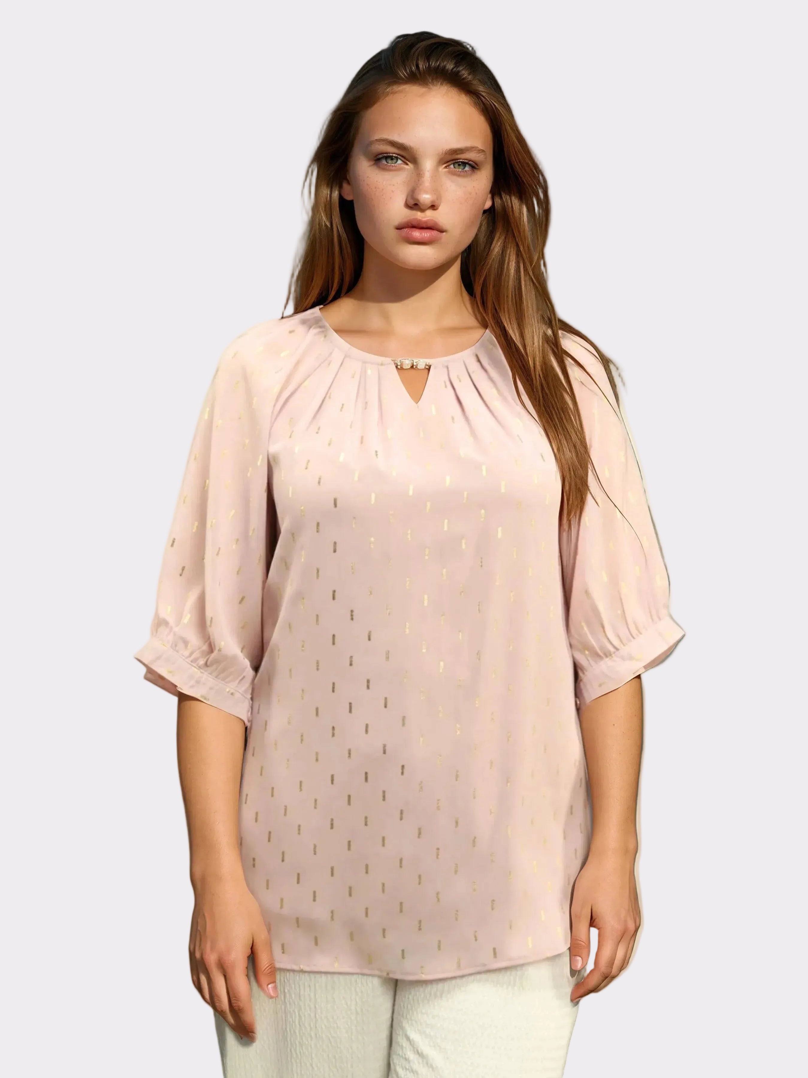 Gold Foil Print Keyhole Blouse