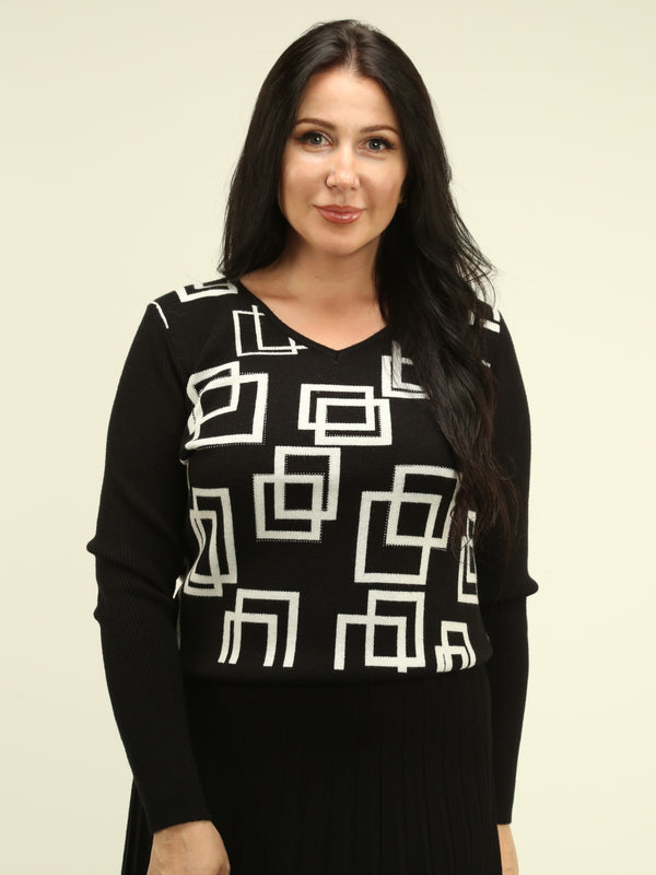 V-Neck Square Pattern Sweater