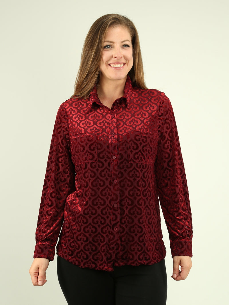 Velvet Mesh Button-Up Blouse