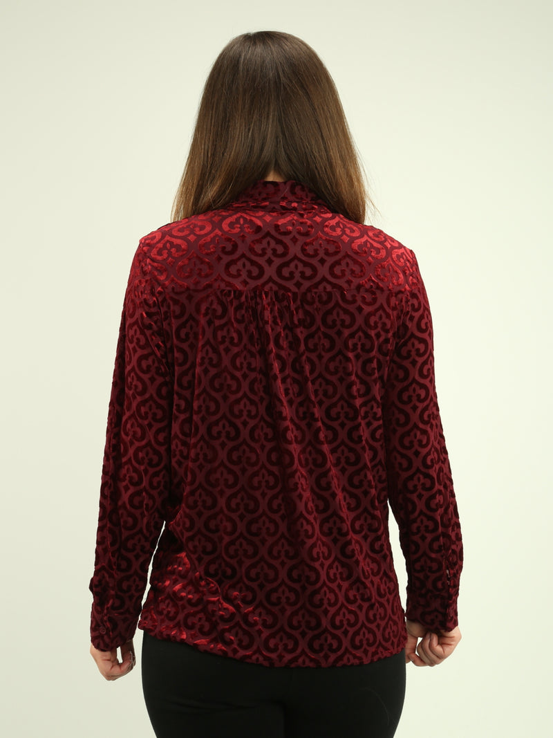 Velvet Mesh Button-Up Blouse