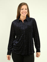 Velvet Mesh Button-Up Blouse