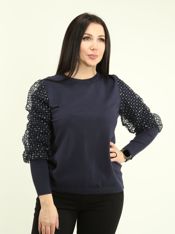 Diamond Pattern Mesh Overlay Sleeve Sweater