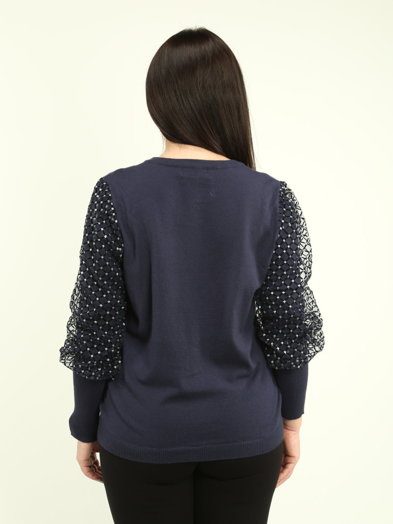 Diamond Pattern Mesh Overlay Sleeve Sweater