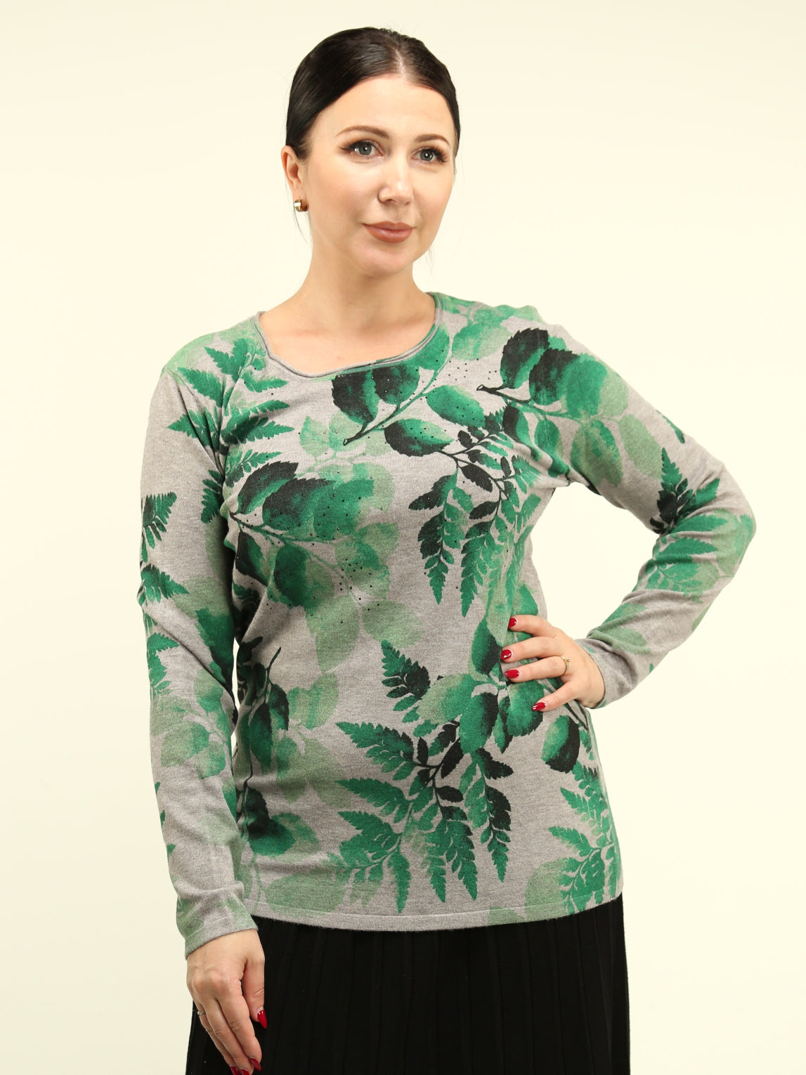 Leaf Pattern Rhinestone Sweater