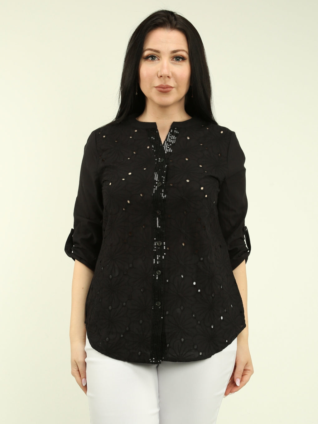Eyelet & Sequin Roll Sleeve Blouse