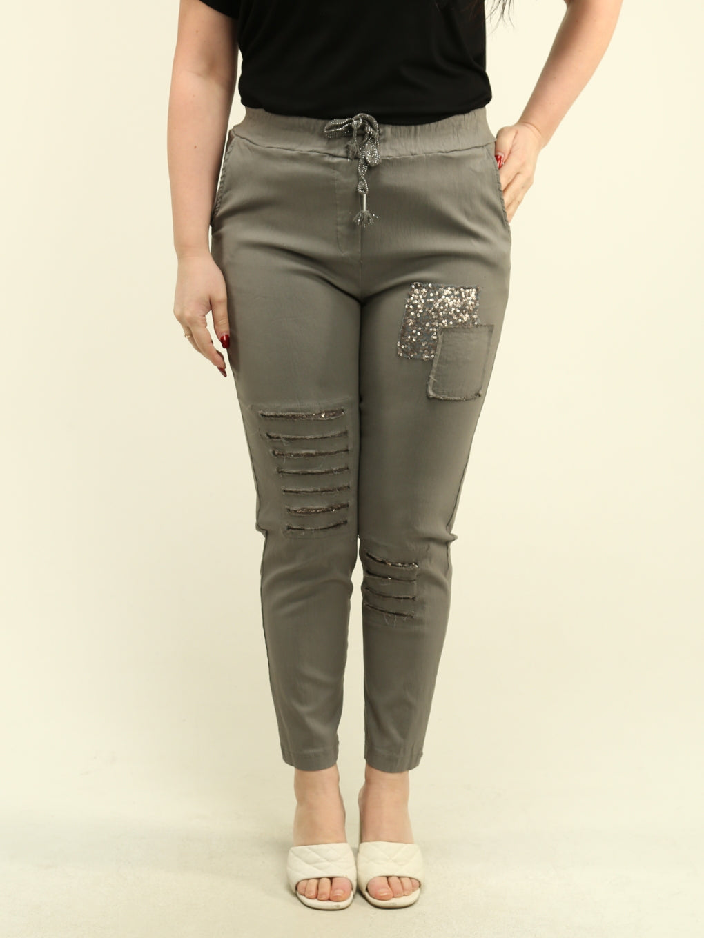 Sequin Patch Distressed Pants
