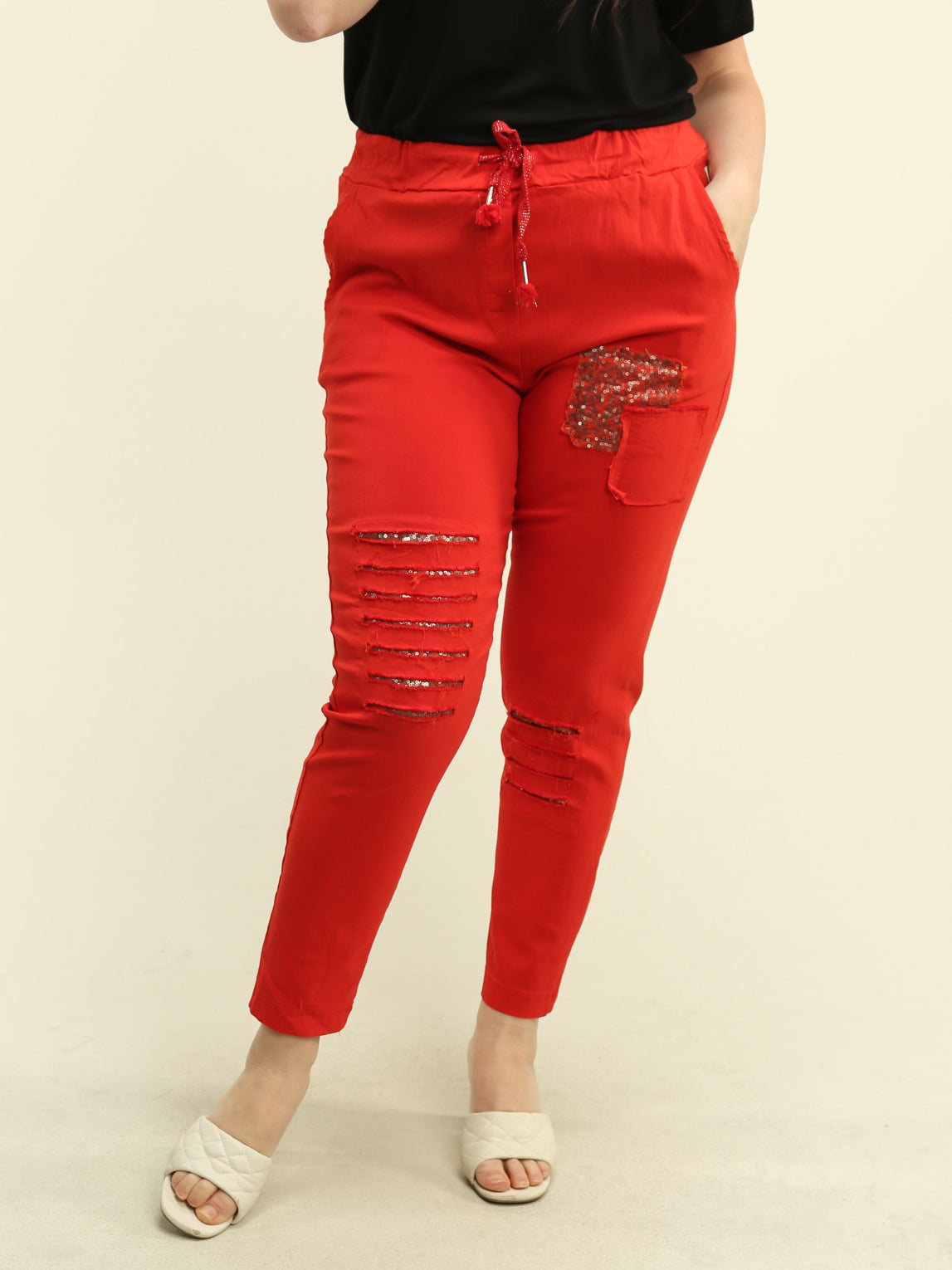 Sequin Patch Distressed Pants