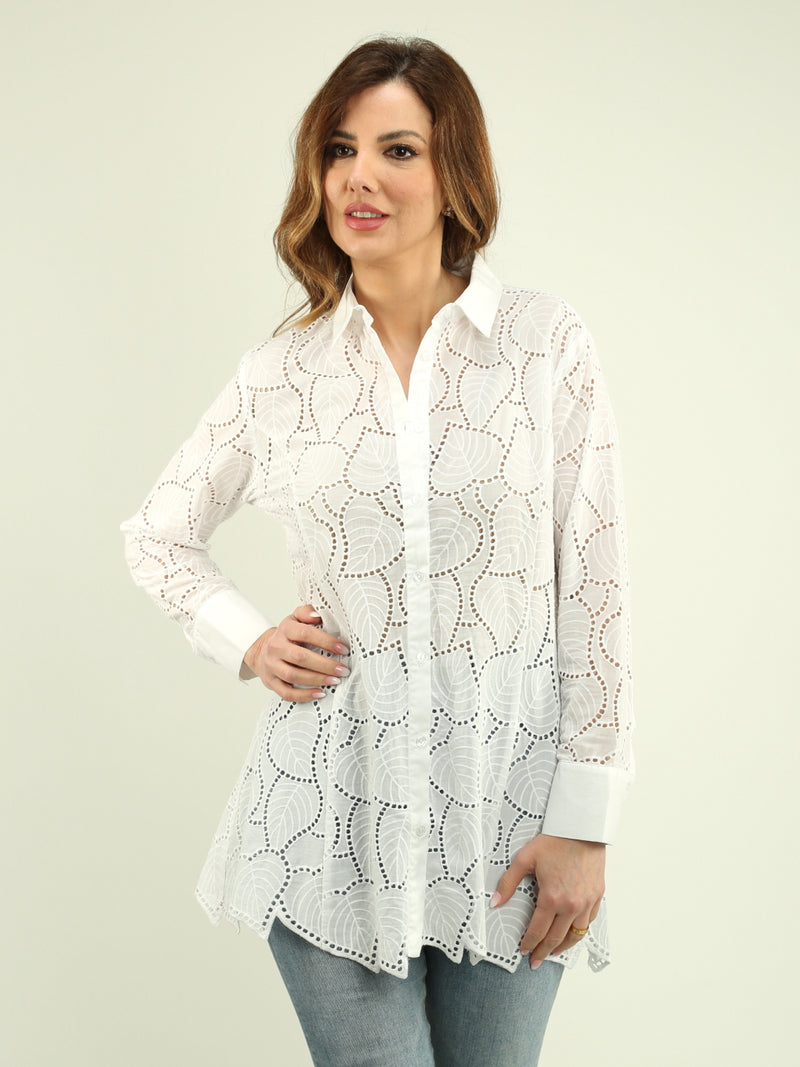 Leaf Embroidered Eyelet Blouse