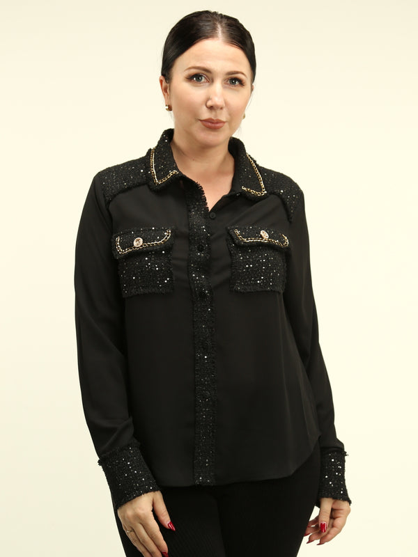 Sequined Boucle Trim & Chain Shirt