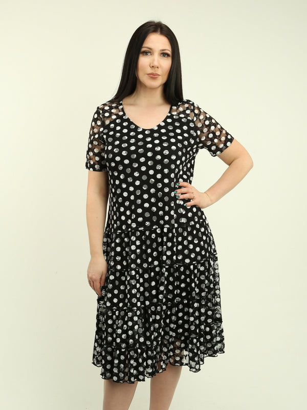 Polka Dots Mesh Ruffle Hem Dress
