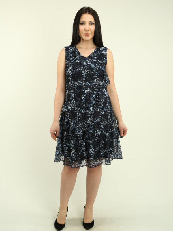 V-Neck Floral Mesh Ruffled Dress