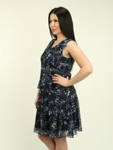 V-Neck Floral Mesh Ruffled Dress
