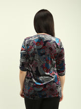 Pleated Velvet Multi Print Top