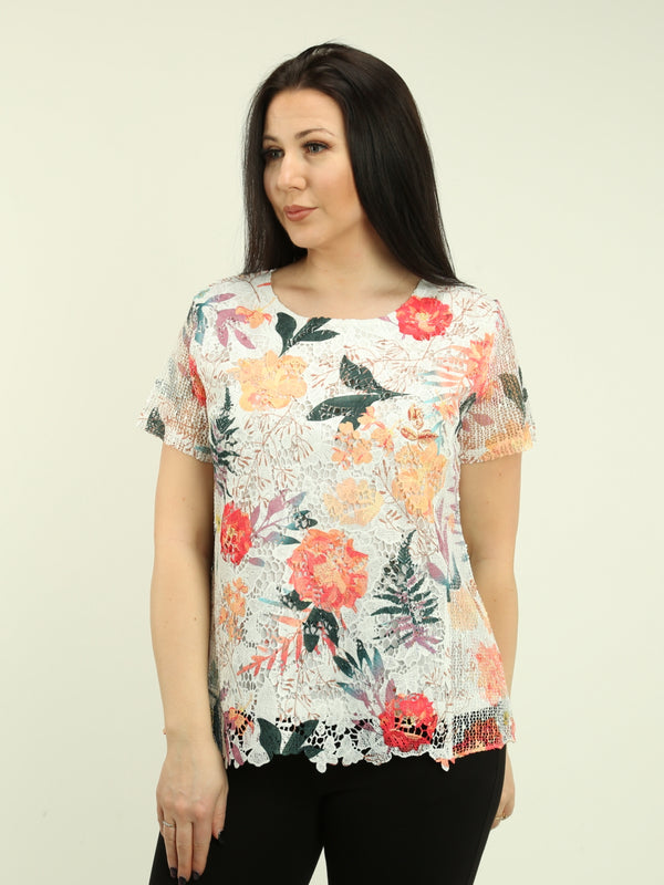 Mesh Overlay Printed Top