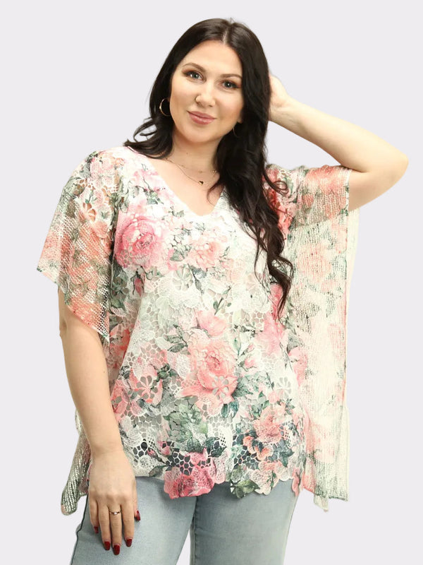 V-Neck Lace Multi-Print Top