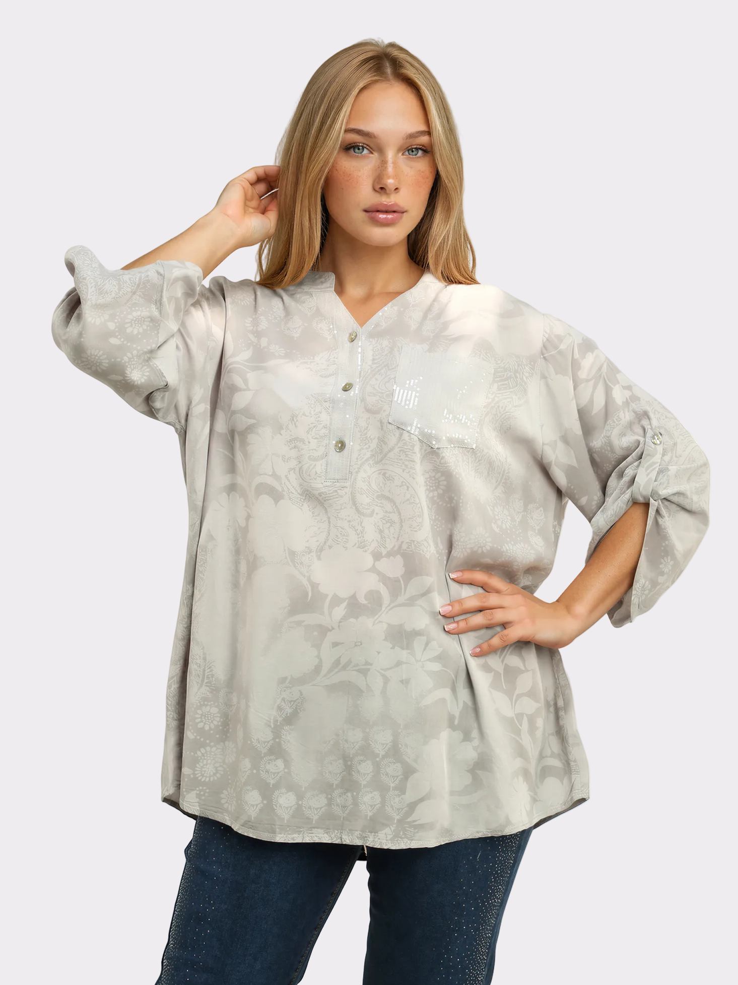 Roll Sleeve Print Blouse