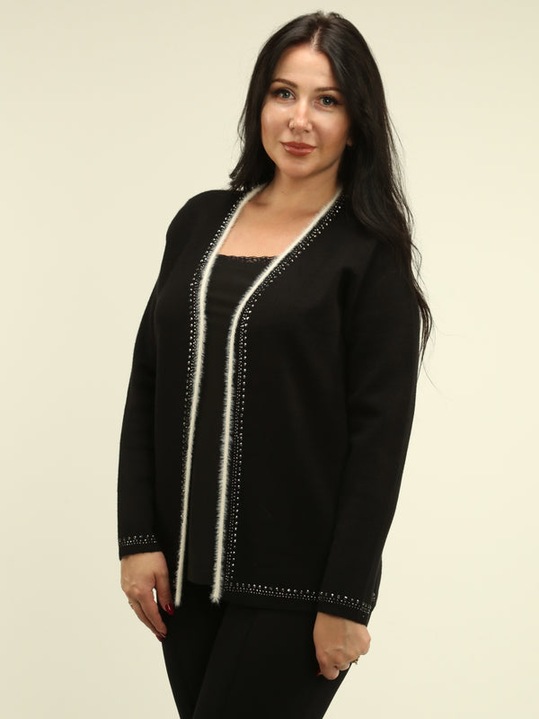 Stone & Fluffy Trim Open Cardigan