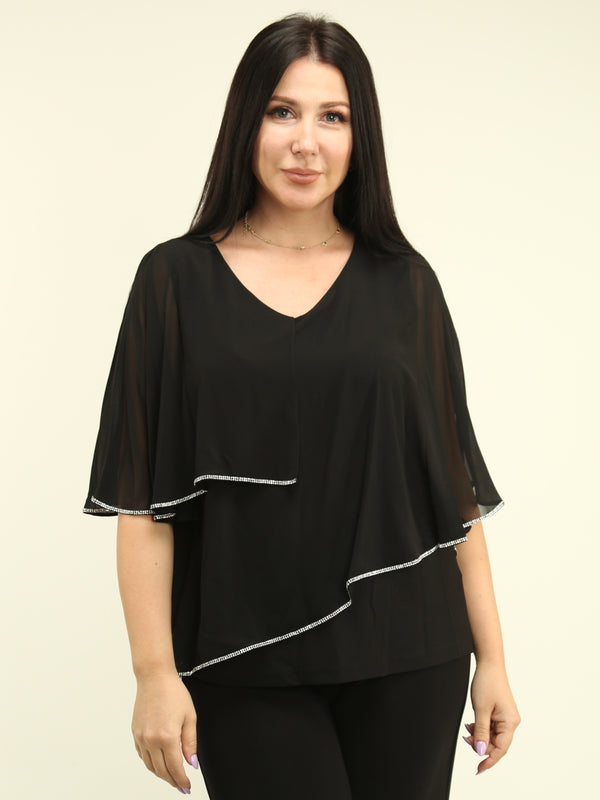Asymmetric Rhinestone Trim Chiffon Overlay Blouse