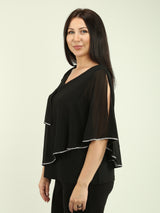 Asymmetric Rhinestone Trim Chiffon Overlay Blouse