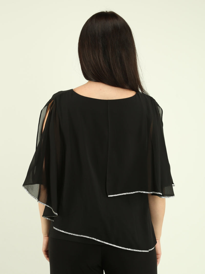 Asymmetric Rhinestone Trim Chiffon Overlay Blouse