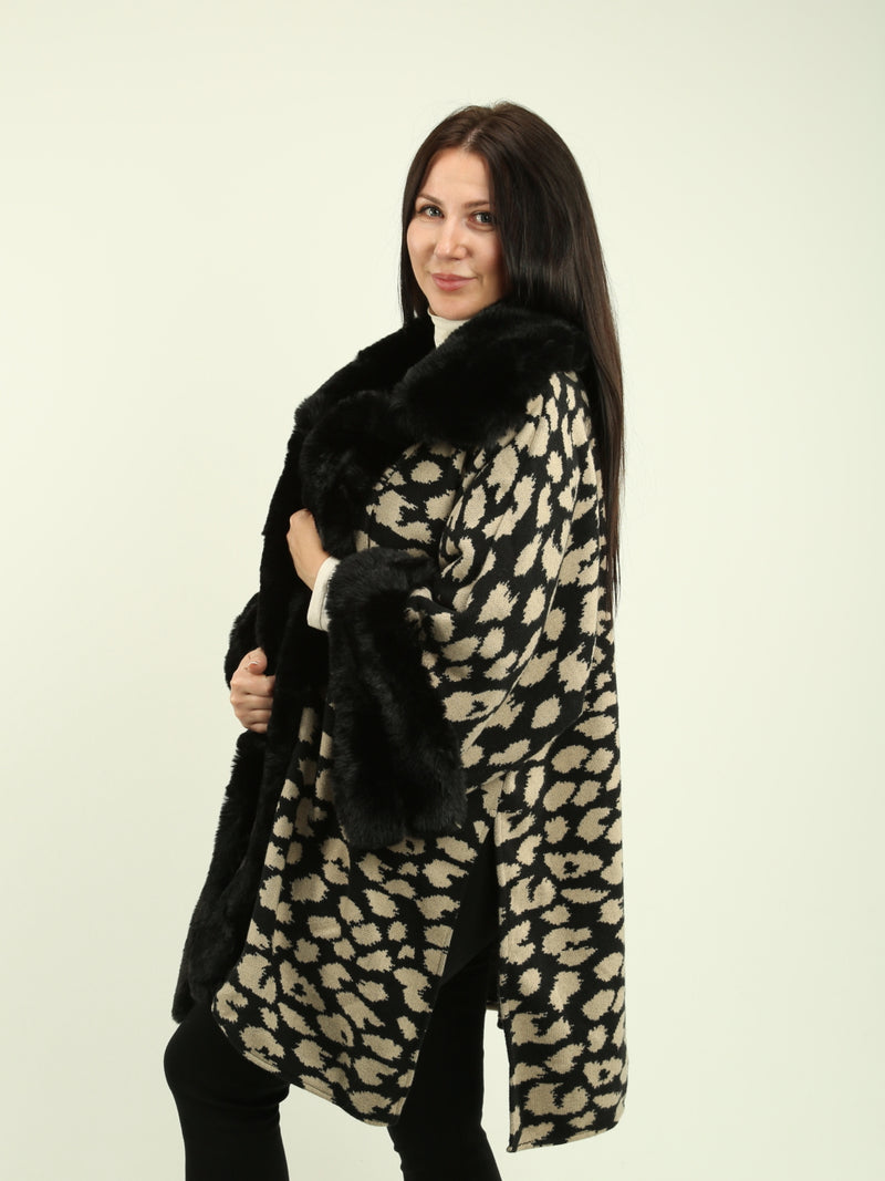 Faux Fur Trim Knit Poncho