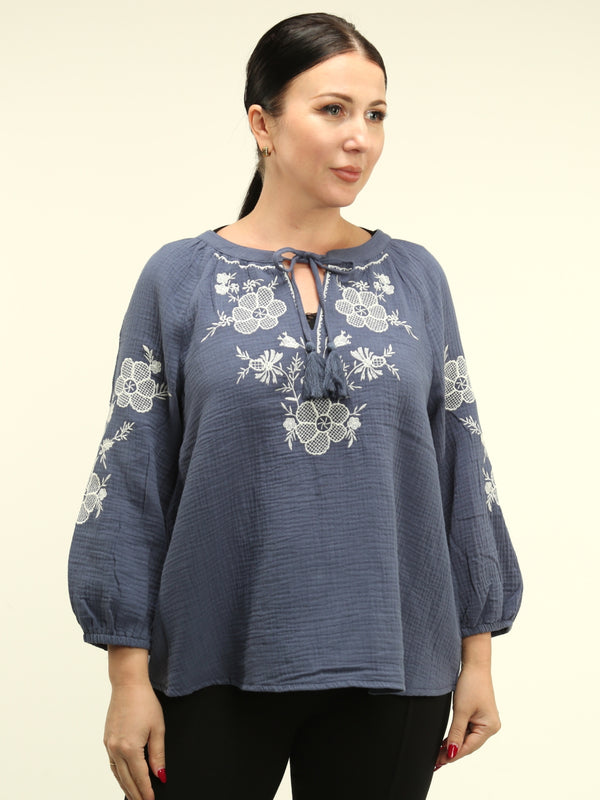 Floral Embroidered Tie-Neck Blouse