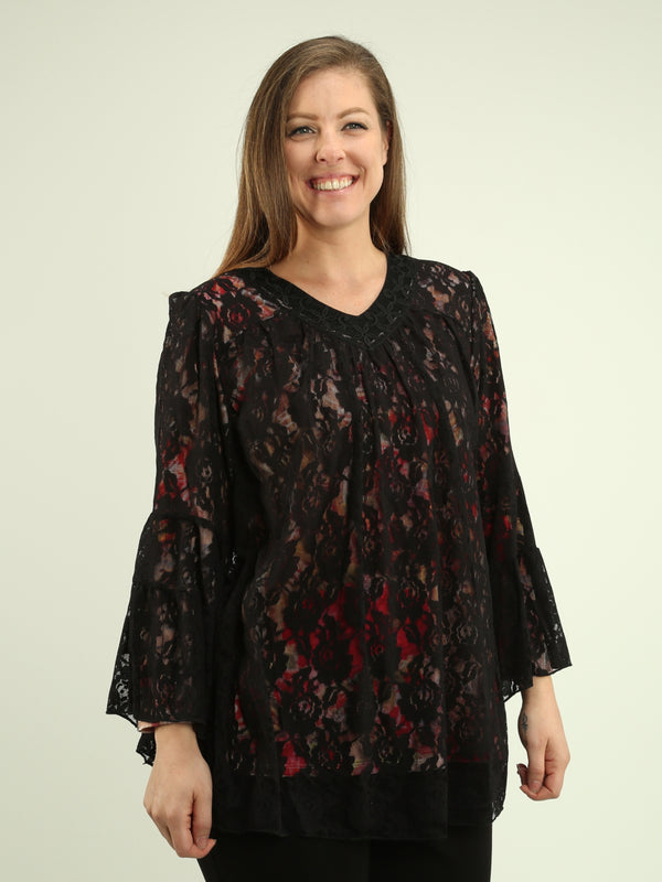 Floral Lace Overlay Bell-Sleeve Tunic