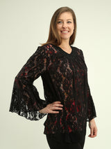 Floral Lace Overlay Bell-Sleeve Tunic