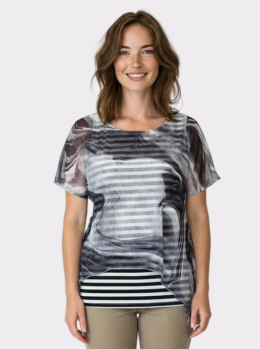 Chiffon Overlay Striped Top