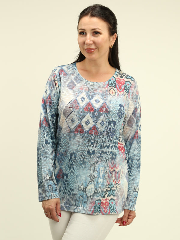Rhinestone Diamond Ikat Print Top