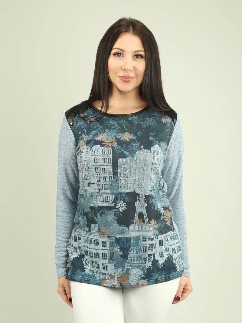 City & Floral Pattern Faux-Leather Detail Top