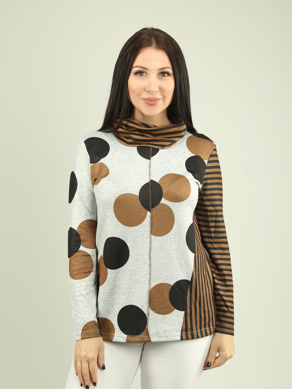 Circle & Stripe Pattern Drape Neck Top