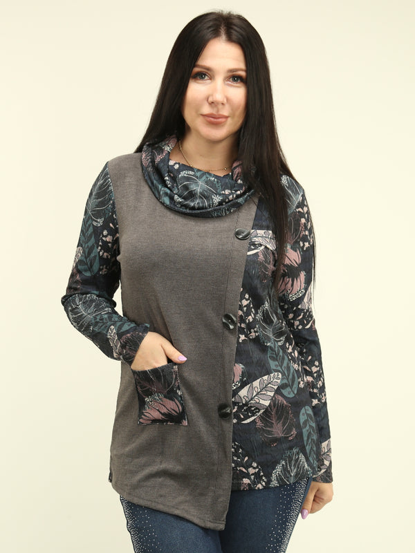 Leaf Print Drape Neck Top