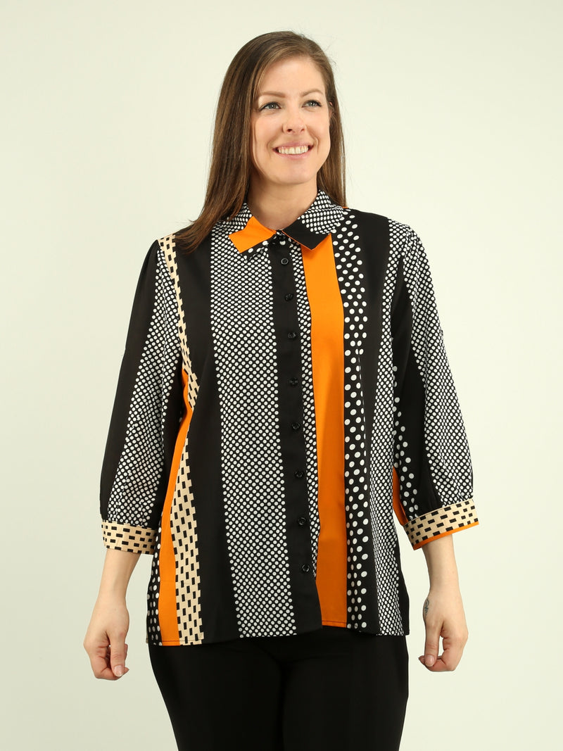 Polka Pattern Stripe Button Blouse