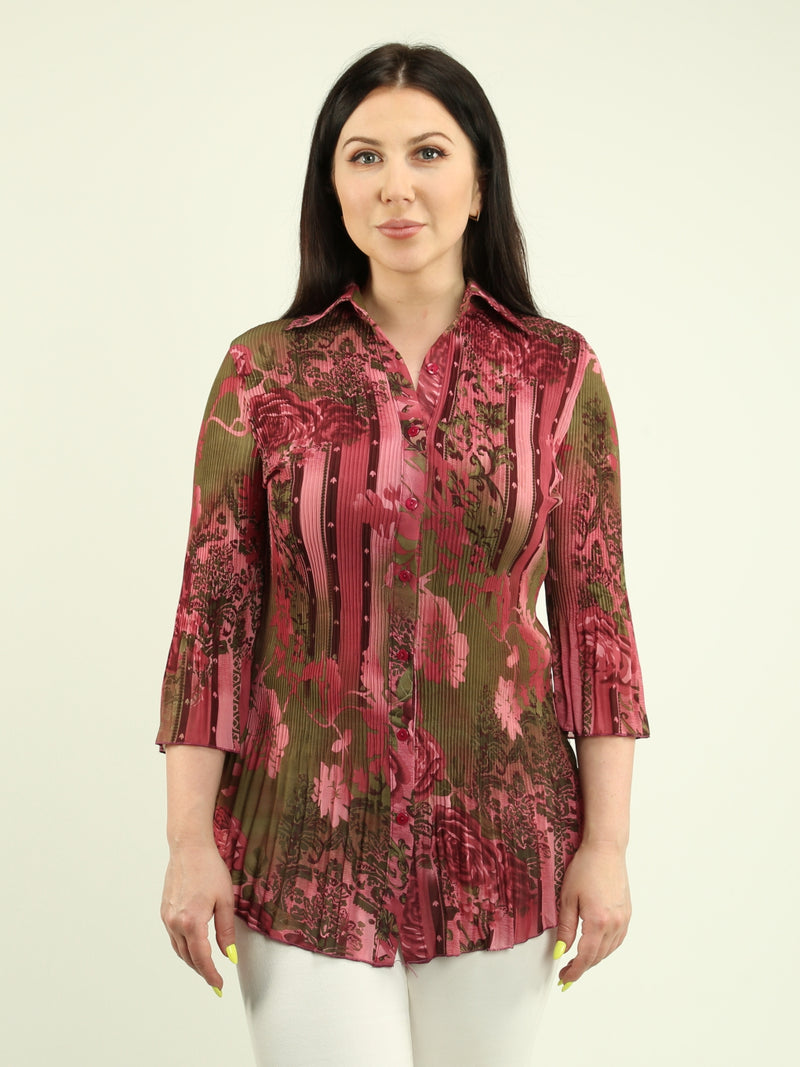 Pleated Button-Up Multi-Print Blouse