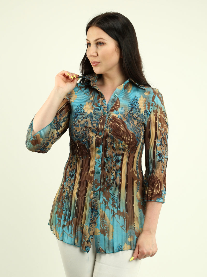 Pleated Button-Up Multi-Print Blouse