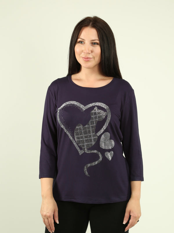 Rhinestone Cat & Heart Top