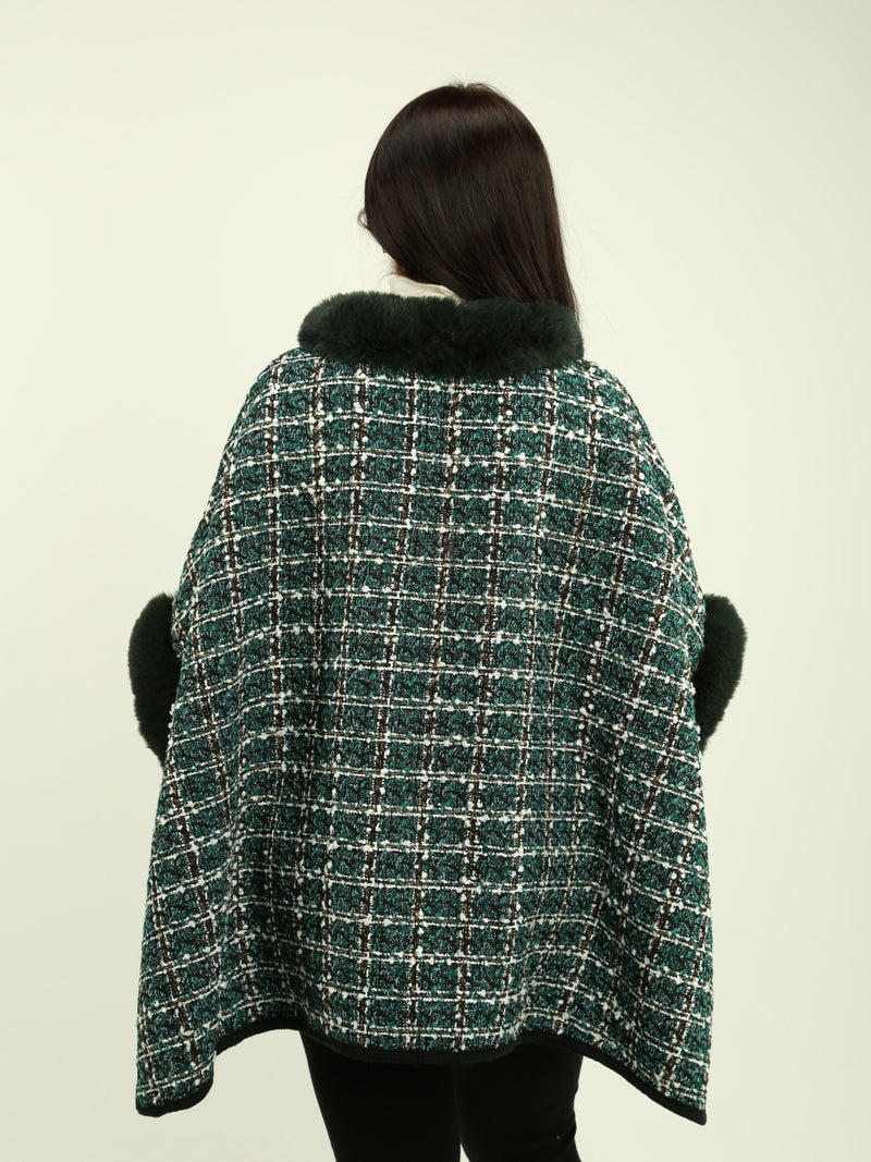 Faux Fur Trim Plaid Poncho