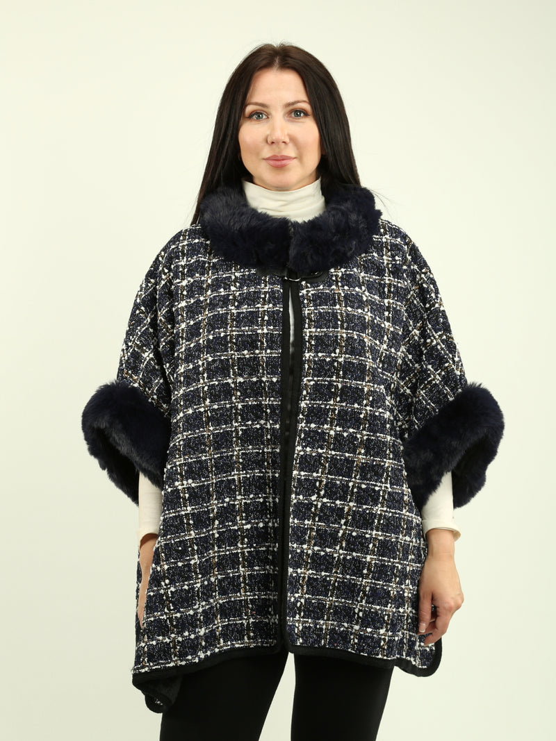 Faux Fur Trim Plaid Poncho